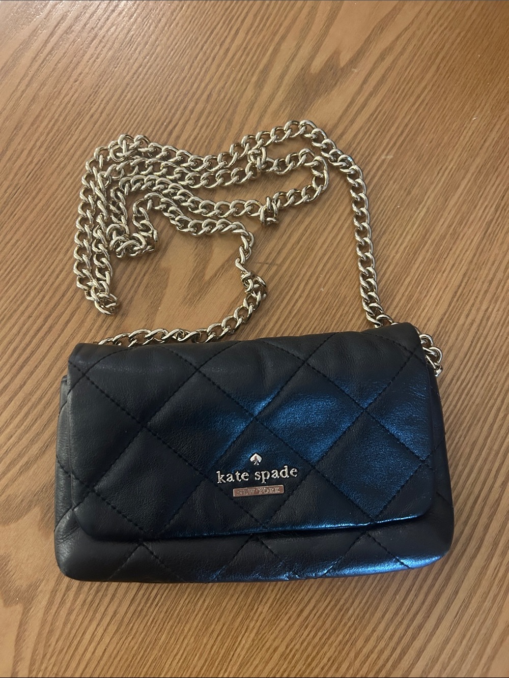 kate spade Black Quilted Leather Crossbody with Gold Chain Strap